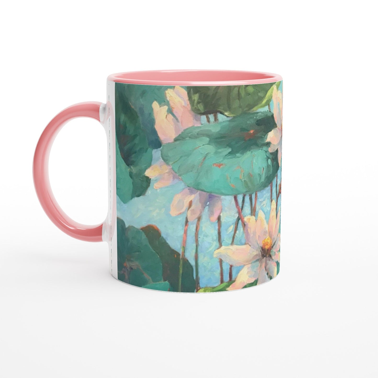 11oz White Ceramic Mug with Color Inside | Coffee Cup with 'Lily Pads' Floral Artwork by American Artist Barbara Cleary