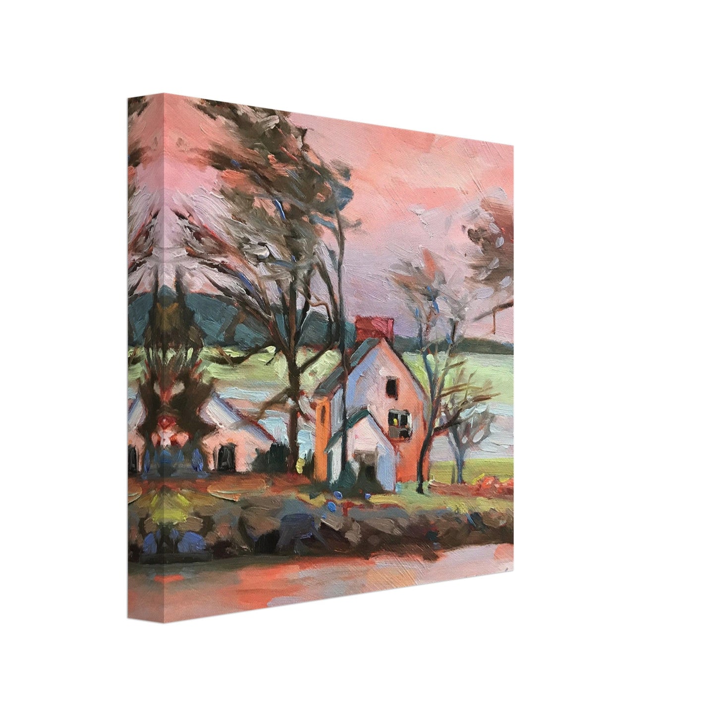 'Pink Sky House' Landscape I 8x8 inch Canvas Art Print I Original Artwork by American Artist Barbara Cleary