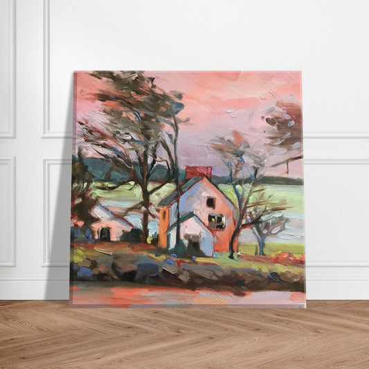 'Pink Sky House' Landscape I 8x8 inch Canvas Art Print I Original Artwork by American Artist Barbara Cleary