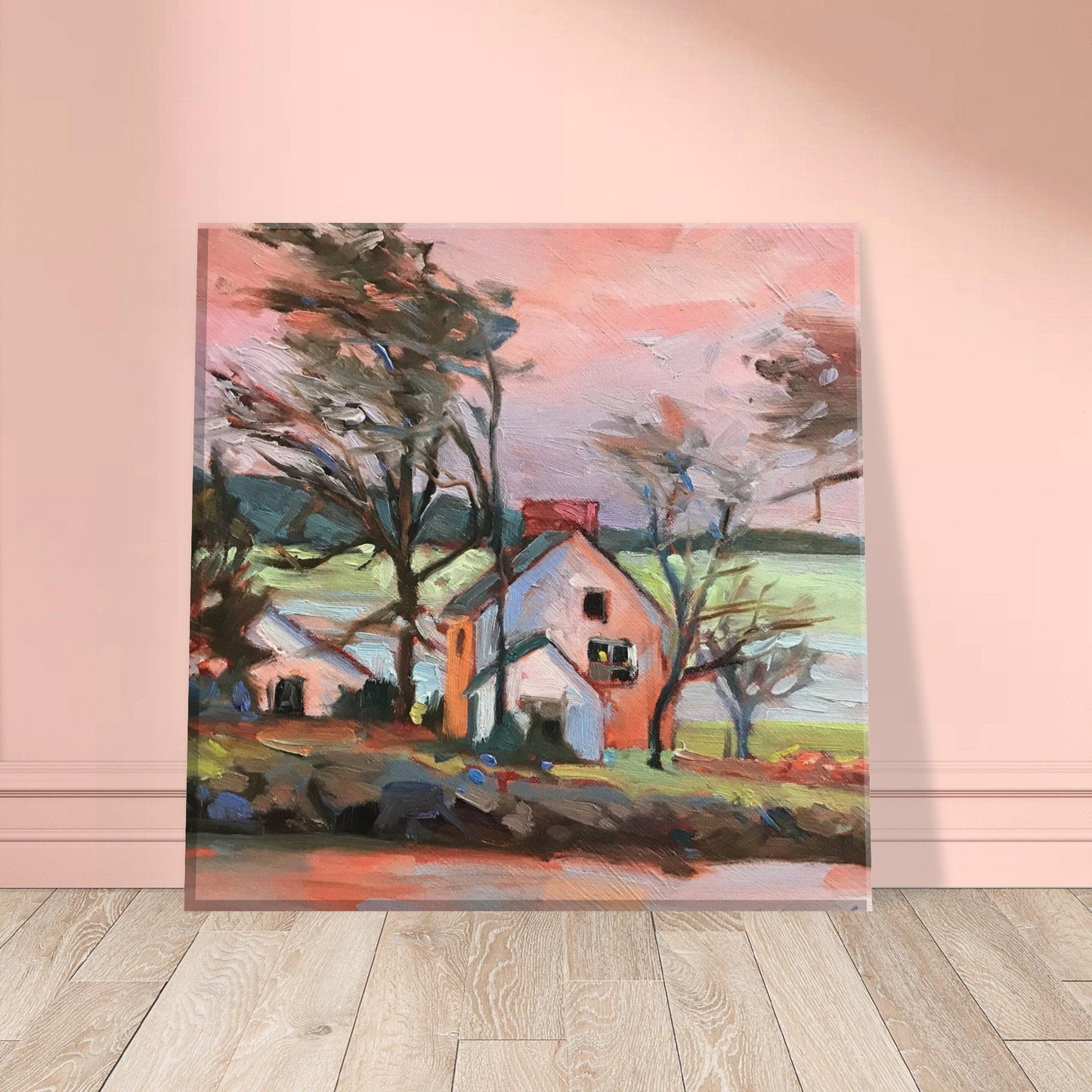 'Pink Sky House' Landscape I 8x8 inch Canvas Art Print I Original Artwork by American Artist Barbara Cleary