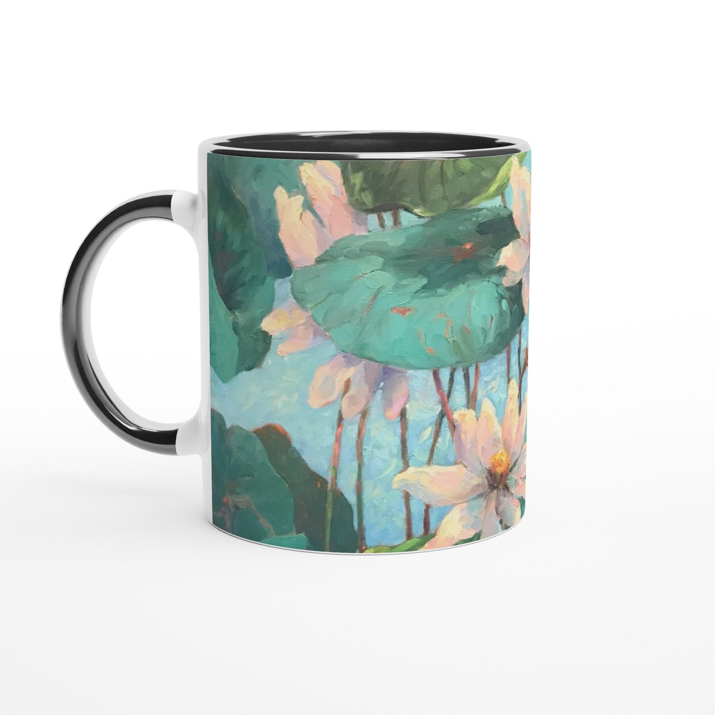 11oz White Ceramic Mug with Color Inside | Coffee Cup with 'Lily Pads' Floral Artwork by American Artist Barbara Cleary