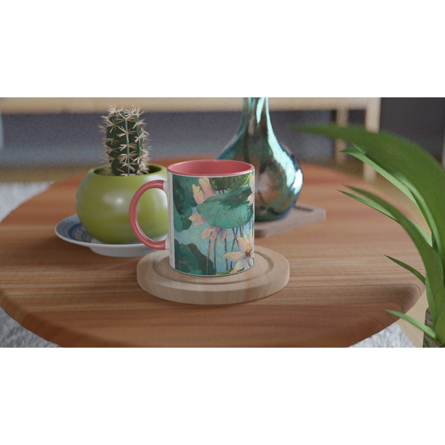11oz White Ceramic Mug with Color Inside | Coffee Cup with 'Lily Pads' Floral Artwork by American Artist Barbara Cleary