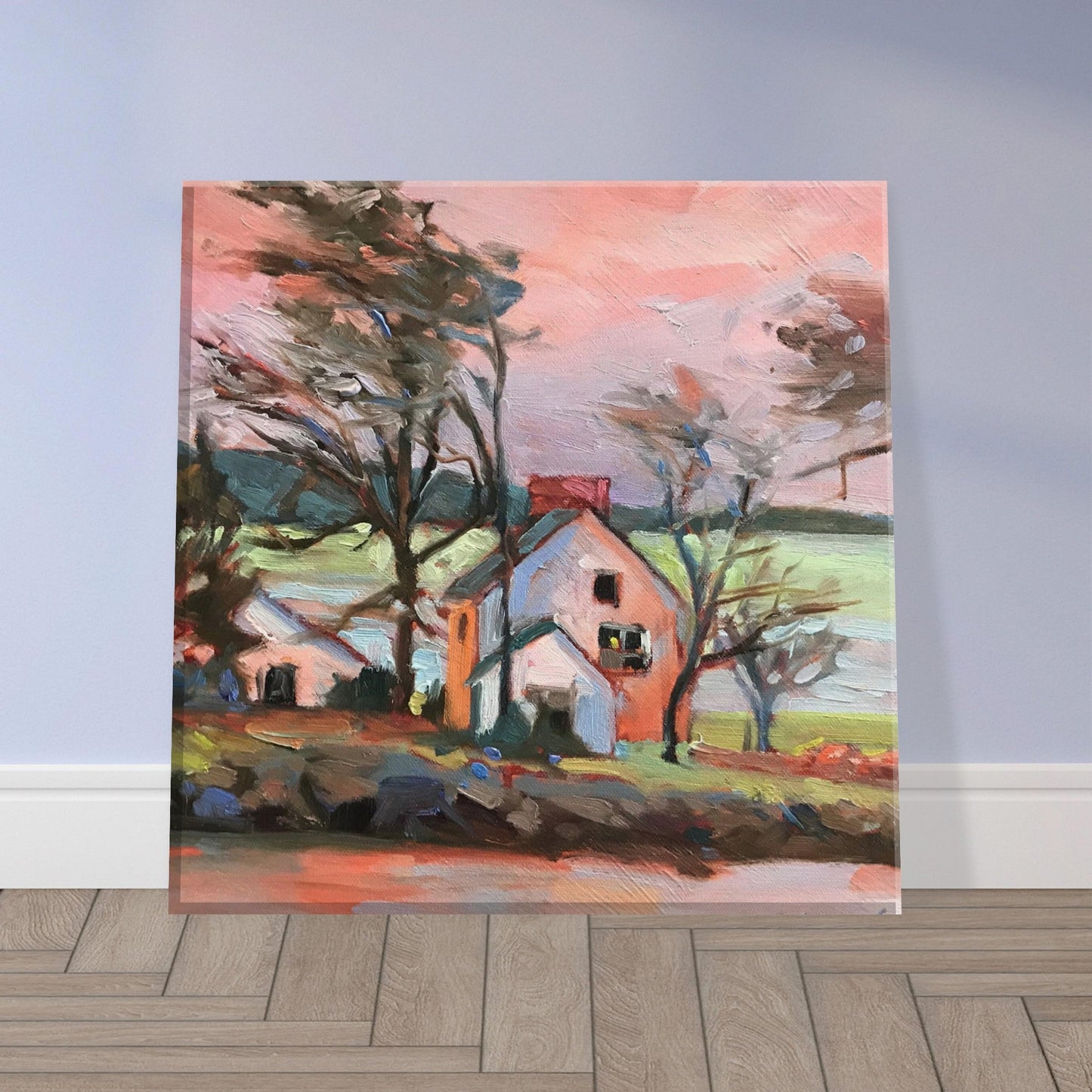 'Pink Sky House' Landscape I 8x8 inch Canvas Art Print I Original Artwork by American Artist Barbara Cleary
