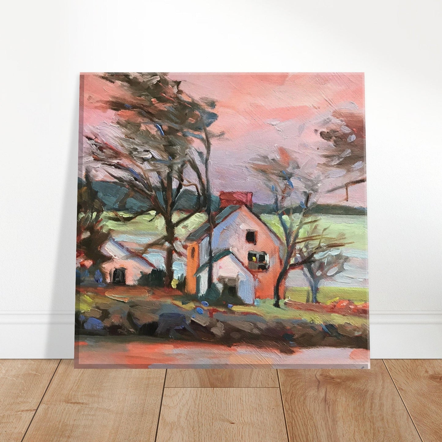 'Pink Sky House' Landscape I 8x8 inch Canvas Art Print I Original Artwork by American Artist Barbara Cleary