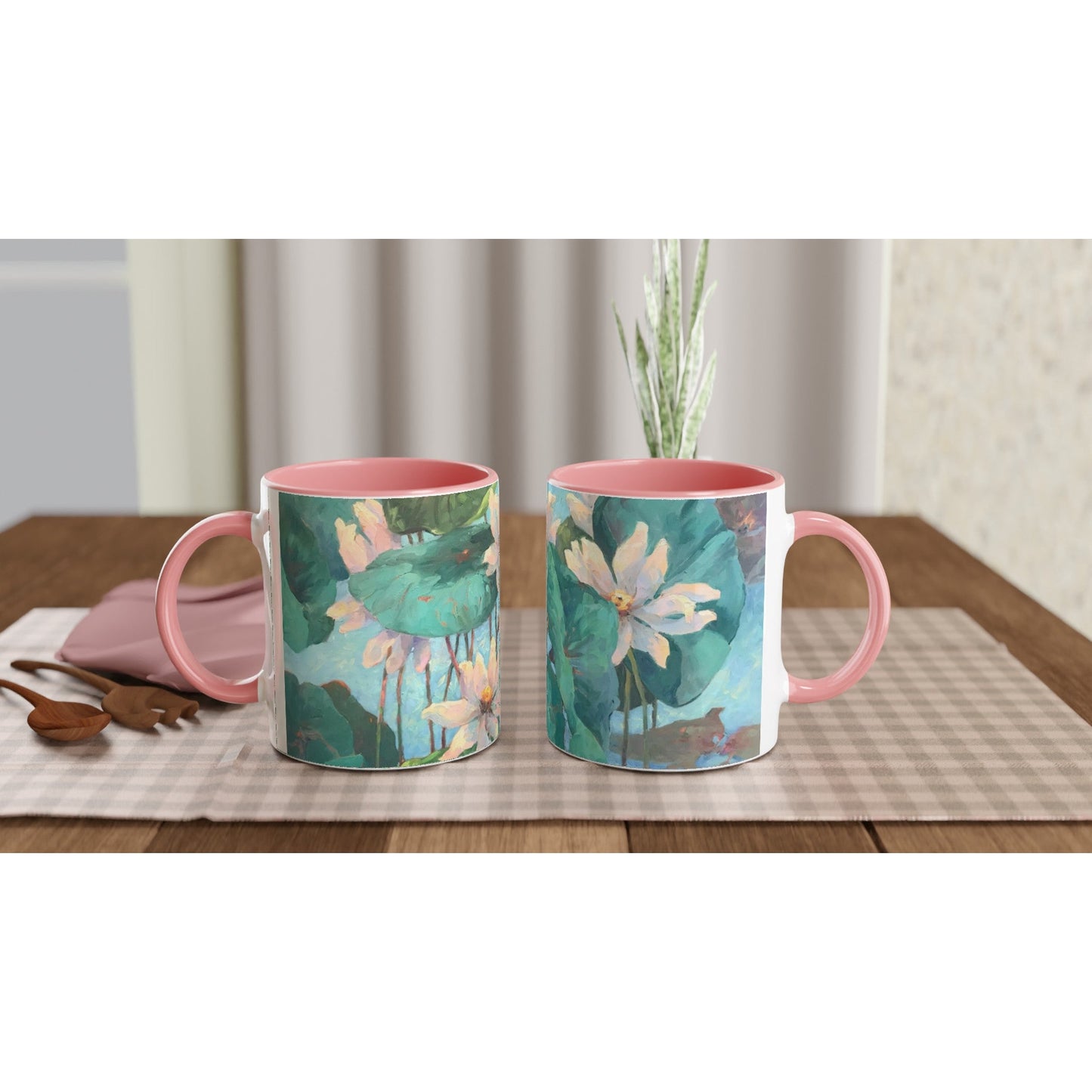 11oz White Ceramic Mug with Color Inside | Coffee Cup with 'Lily Pads' Floral Artwork by American Artist Barbara Cleary
