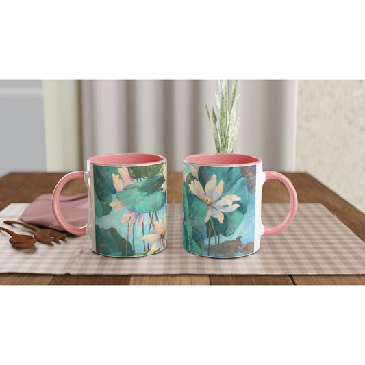 11oz White Ceramic Mug with Color Inside | Coffee Cup with 'Lily Pads' Floral Artwork by American Artist Barbara Cleary