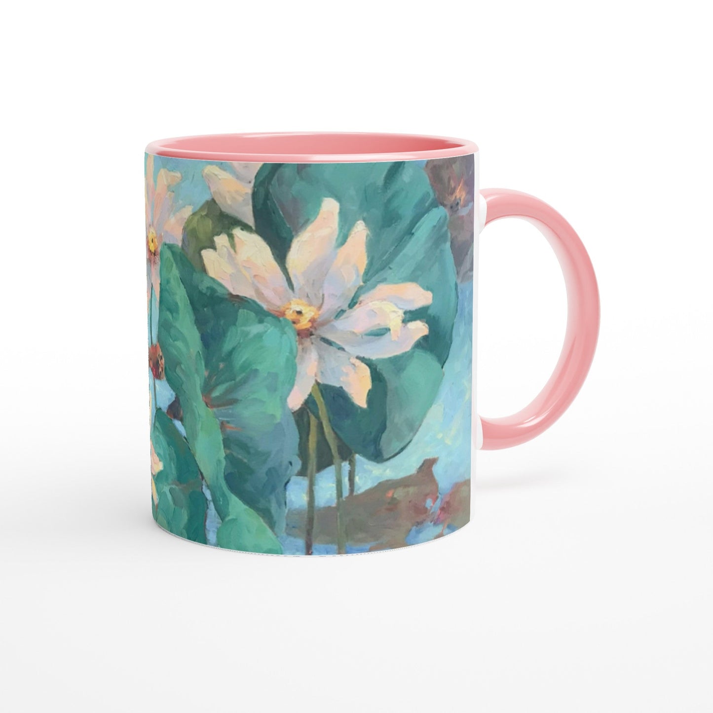 11oz White Ceramic Mug with Color Inside | Coffee Cup with 'Lily Pads' Floral Artwork by American Artist Barbara Cleary