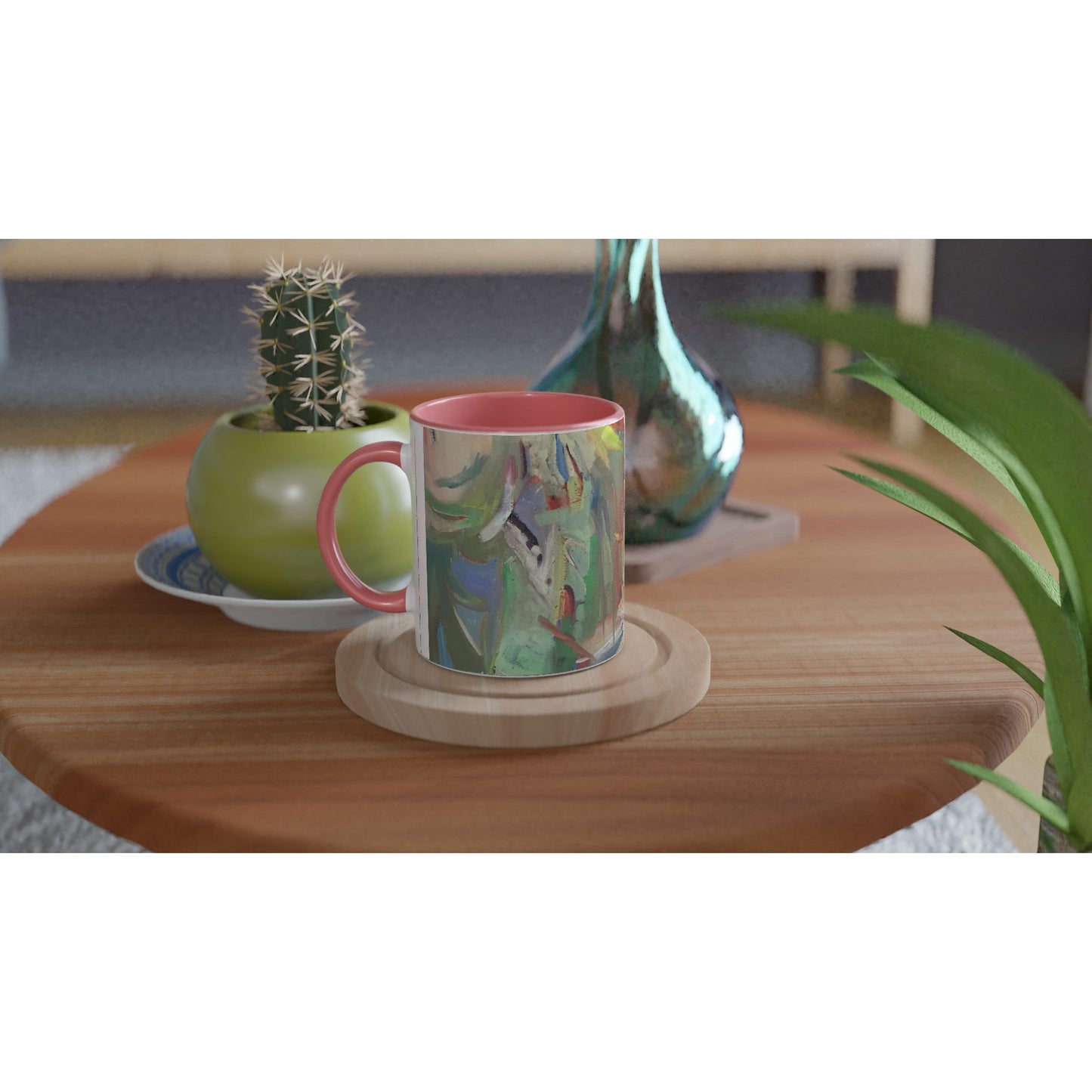 11oz White Ceramic Mug with Color Inside | Coffee Cup with 'All Seasons' Abstract Artwork by American Artist Barbara Cleary